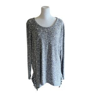 Cato Gray Heathered Long Sleeve Pearl Studded Knit Tunic Top